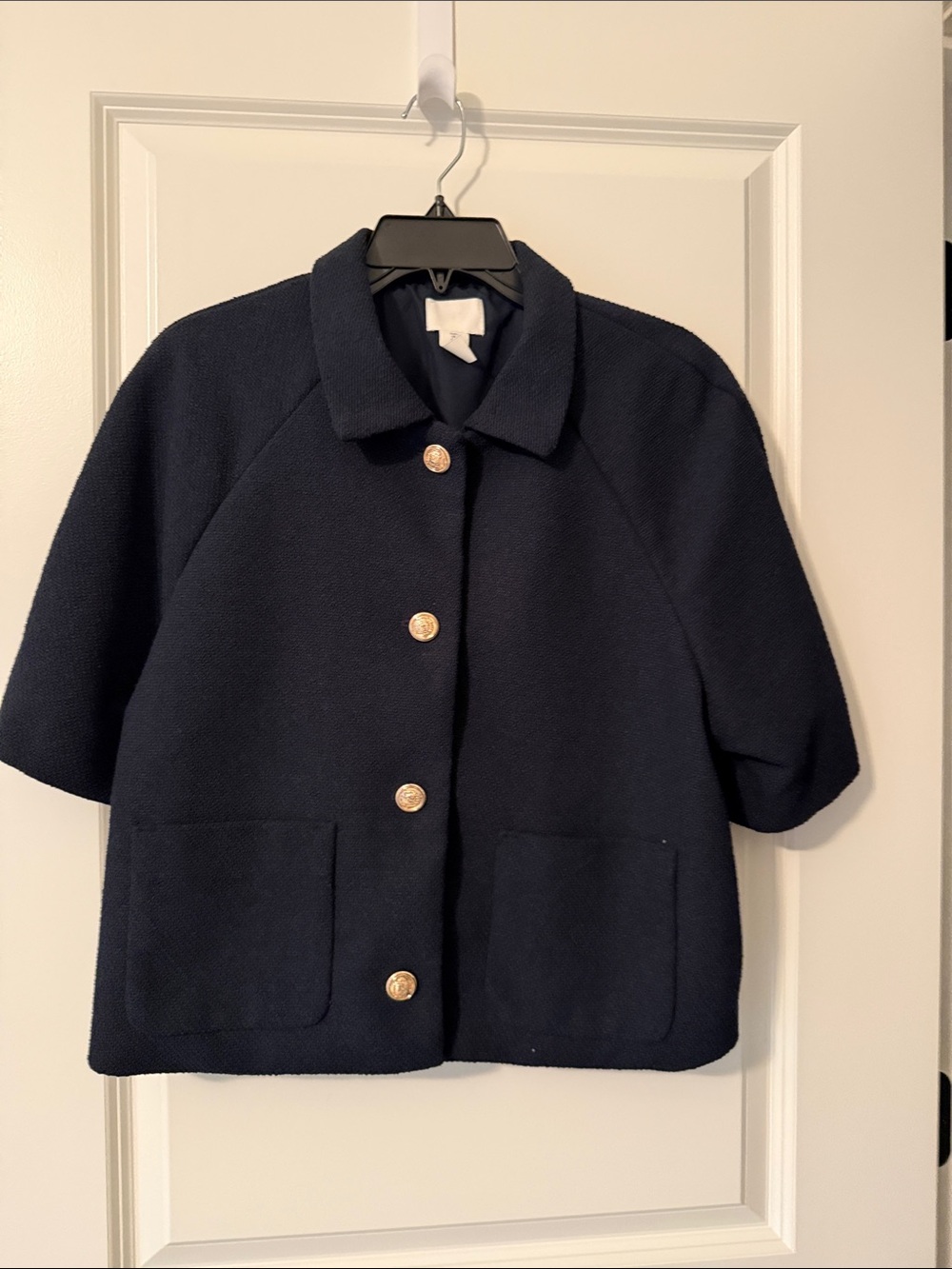 Short-Sleeve Navy Boxy Boucle Blazer with Gold Buttons